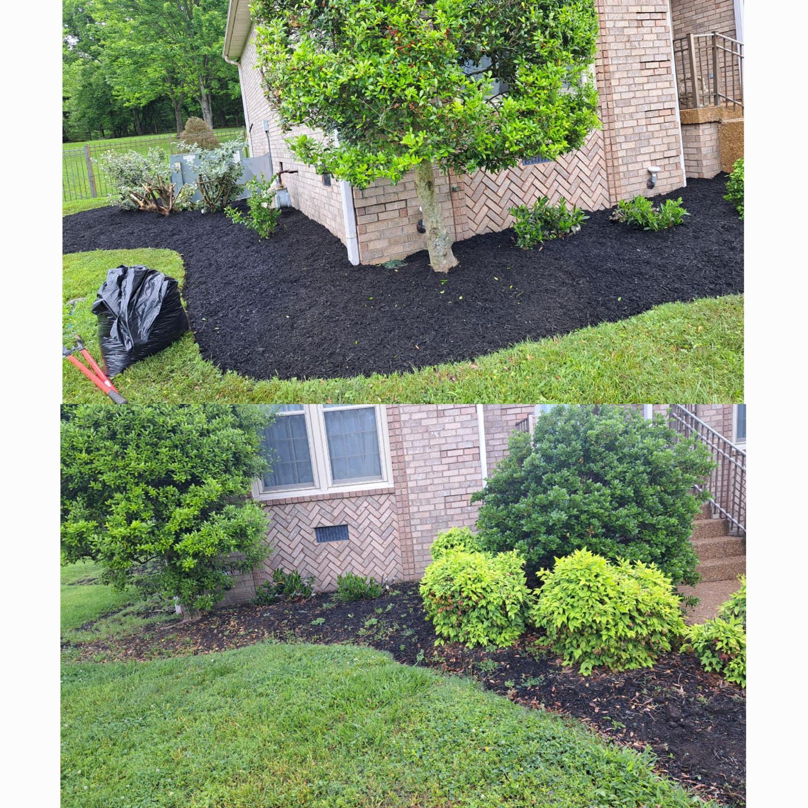 Landscape bed cleanup with mulch and plants